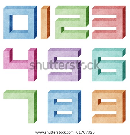 numbers isolated white  3D number recycled box  craft  alphabet paper on craft paper paper