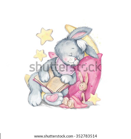 watercolor illustration of a sleeping rabbit with toy