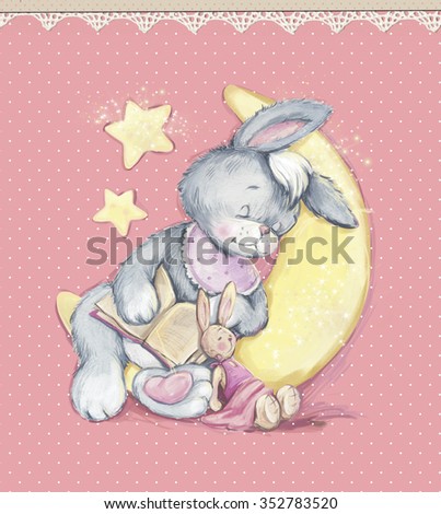 watercolor illustration of a sleeping rabbit with toy