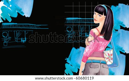 fashion girl Illustration of a beautiful girl in a fashion clothing on a creative background with  an aquarelle blurs
