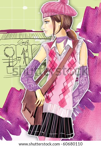 fashion girl Illustration of a beautiful girl in a fashion clothing on a creative background with  an aquarelle blurs