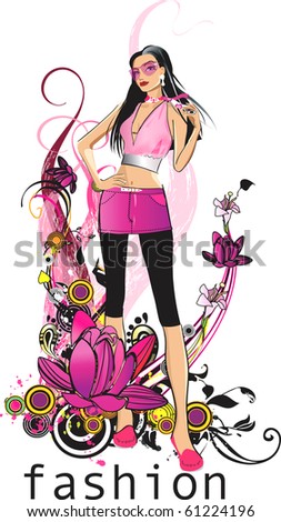 vector girl vector illustration of a fashion girl with the wave  of flowers,  isolated on a white background