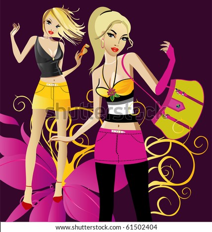 fashion girl Illustration of the two  beautiful girls  in fashion clothing on a   background with  a flower and yellow wave