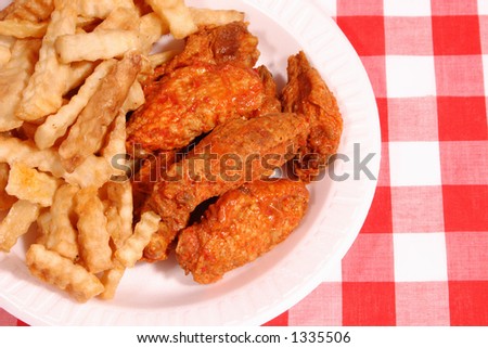 Fries and hot wings on picnic table cloth