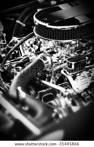 Dramatic full profile engine block from a classic muscle car.