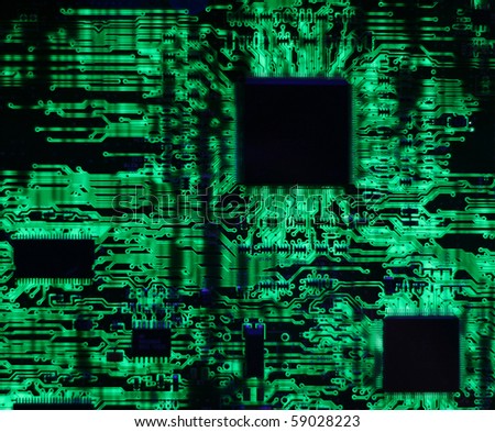High tech computer circuit board with high impact resistors that has been back lit for a surreal electronic fantasy image.  Great for use as a blue background IT image