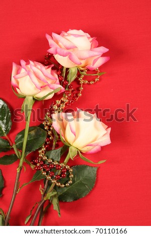 Fantastic rose on red background with festive gold and red beads.  Great use for background in a valentines day or mothers day design