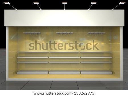 Shop showcase with blank frieze, front glass and shelves  inside, front view
