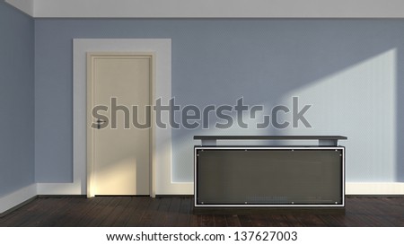 abstract business interior with reception counter and wooden flooring