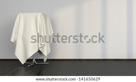 abstract interior with an object hidden under white fabric