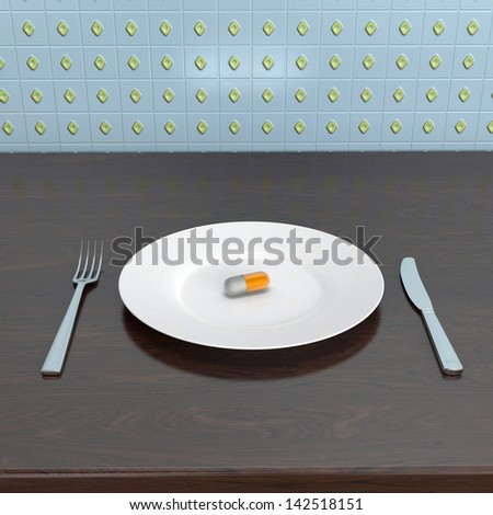 single pill on a plate in abstract kitchen interior