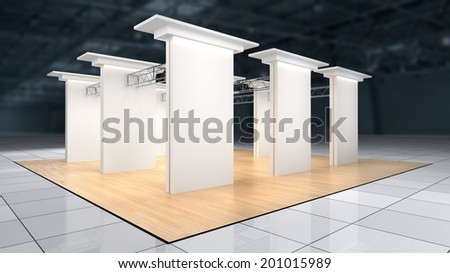 abstract exhibition stand with laminate flooring and blank white walls with lighting
