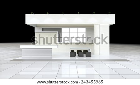 modern design exhibition stand with blank white frieze and reception counter