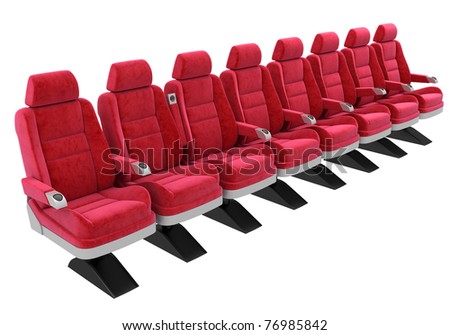 red soft chairs, standing in a row, isolated on white