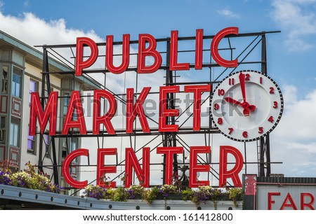 SEATTLE, WASHINGTON/UNITED STATES - SEPTEMBER 2: Neon Public Market Center sign in Pike Place Market in Seattle, Washington on September 2, 2012.