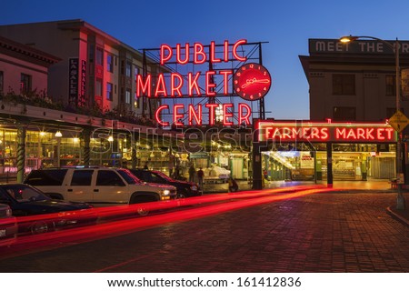 SEATTLE, WASHINGTON/UNITED STATES  - SEPTEMBER 2: The Public Market Center also known worldwide as Pike Place Market at night in Seattle, Washington on September 2, 2012.