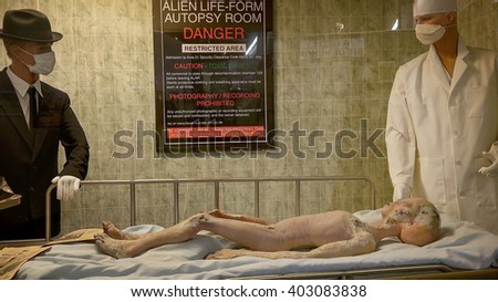 ROSWELL, NEW MEXICO - MARCH 28: Body of alien crash victim on display at the International UFO Museum and Research Center in Roswell, New Mexico on March 28th, 2016.