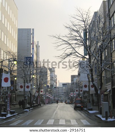 Japanese flags adorn the roadway in Matsumoto city, Tokyo, Japan