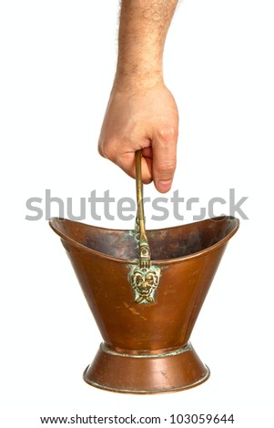 Male hand holding vintage bucket isolated on white