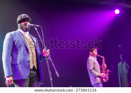 KAUNAS, LITHUANIA - APRIL 26, 2015: Grammy winner jazz singer Gregory Porter and musician Yosuke Sato performs at the stage of \