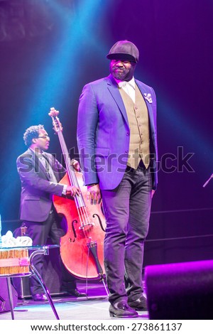 KAUNAS, LITHUANIA - APRIL 26, 2015: Grammy winner jazz singer Gregory Porter and bass player Aaron James perform at the stage of \
