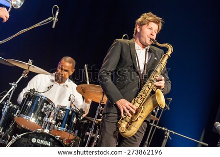 KAUNAS, LITHUANIA - APRIL 25, 2015: Jazz musician Magnus Lindgren and jazz drummer David Haynes  performs at the stage of \