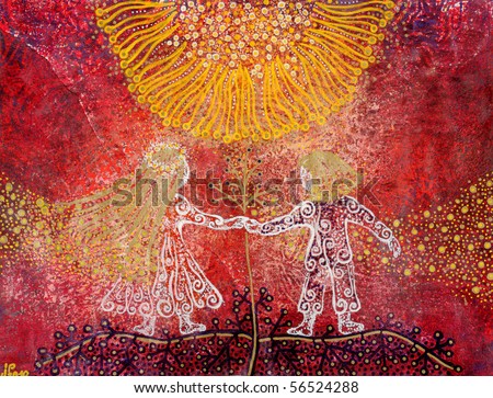 stock photo : Graphic art showing boy and girl holding hands