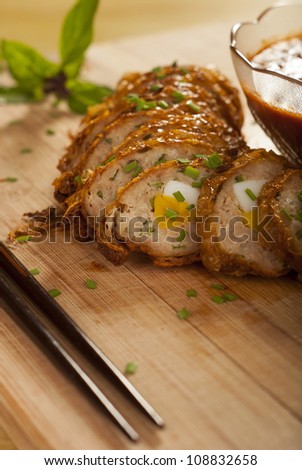 Five Spice Pork Rolls with Egg Stuffing, Served with Spicy Sambal Chili Sauce. Unsharpened file