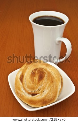 Oriental Flaky Pastries Stuffed with Fried Onions with Black Coffee