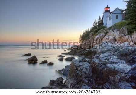 Sunset shot of Bass Harbor Lighthouse, located in Acadia National Park, Maine.