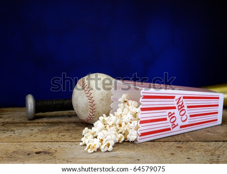 Baseball, bat, mitt, and popcorn on a old vintage set with copy space neon blue background with rusted screen