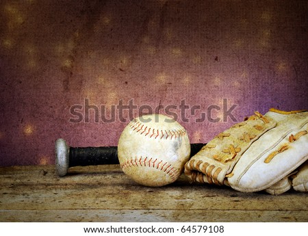Textured soft focus baseball bat ball and mit on vintage table with bokeh antique feel