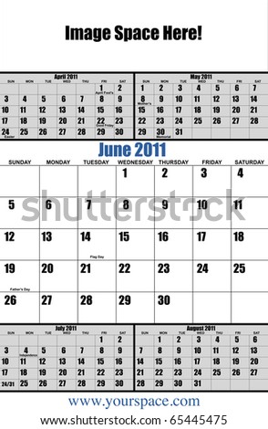 5 month 2011 calendar, June, with copy space and text space. Page one of 12