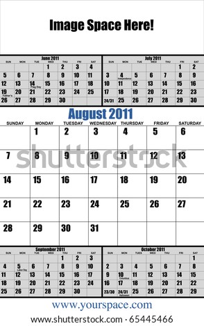 5 month 2011 calendar, August, with copy space and text space. Page one of 12