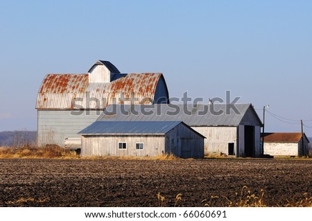Metal barn in a bean field with blue sky
