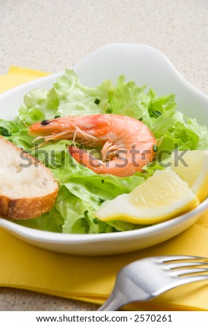 Closeup view of a shrimp salad with lemon and bread