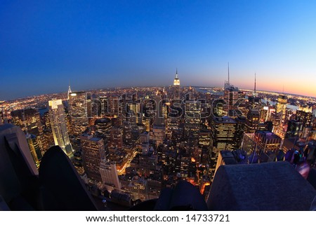 Fish-eye view of Lower Manhattan at dusk, from the top of the Rockefeller Center - New York City, USA