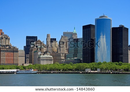 Lower Manhattan buildings and Hudson river, from the Liberty Island ferry - New York City, USA