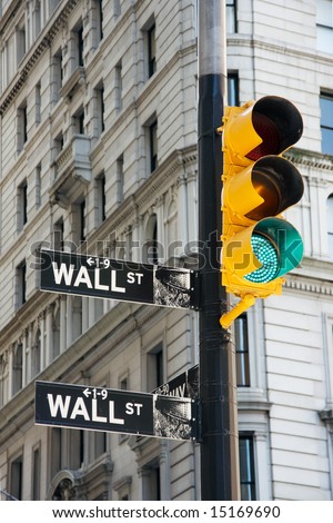 Wall Street signs and traffic lights - New York City, USA