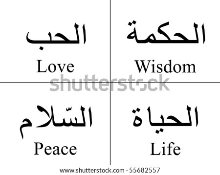 Arabic words isolated on white with their meaning in English for tattoos