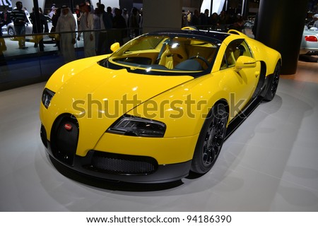 DOHA-QATAR - JANUARY 25 : A Bugatti car model on display at Qatar Motor Show Second Exhibition on January 25, 2012 in Doha, Qatar. The exhibition was held from January 25th till January 28th 2012.