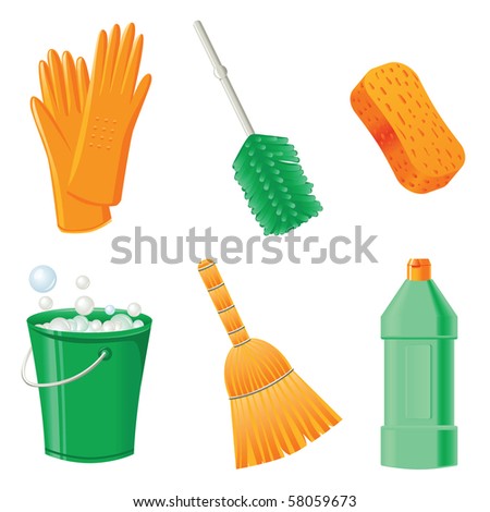 stock vector Rubber gloves brush sponge bucket broom and detergent