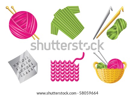Icons for crochet and knitting hobby. Include: yarn, cardigan, crochet hooks, stitch diagram, work in progress, and a basket of threads.