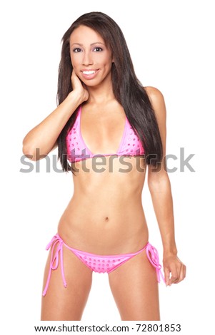 Sexy smiling african american bikini model on white background