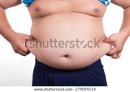 Fat man checking out his weight isolated on white background