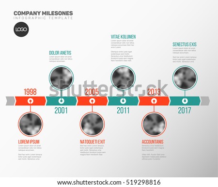 Vector Infographic Company Milestones Timeline Template with circle photo placeholders on dual color time line