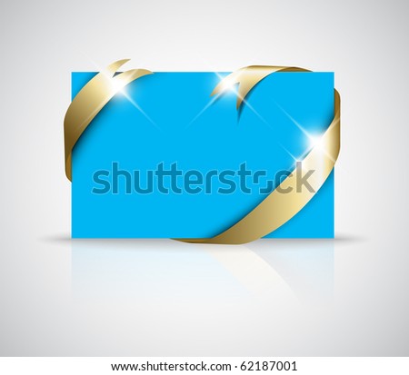 stock vector Christmas or wedding card Golden ribbon around blank blue 