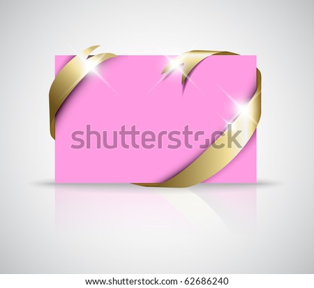 stock vector Christmas or wedding card Golden ribbon around blank pink 