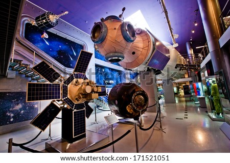 MOSCOW, RUSSIA -  SEPTEMBER 11: Panorama view of interior of Space Museum on September 11, 2013 in Moscow, Russia. Moscow Space Museum is well known worldwide.
