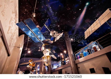 MOSCOW, RUSSIA -  SEPTEMBER 11: Panorama view of interior of Space Museum on September 11, 2013 in Moscow, Russia. Moscow Space Museum is well known worldwide.
